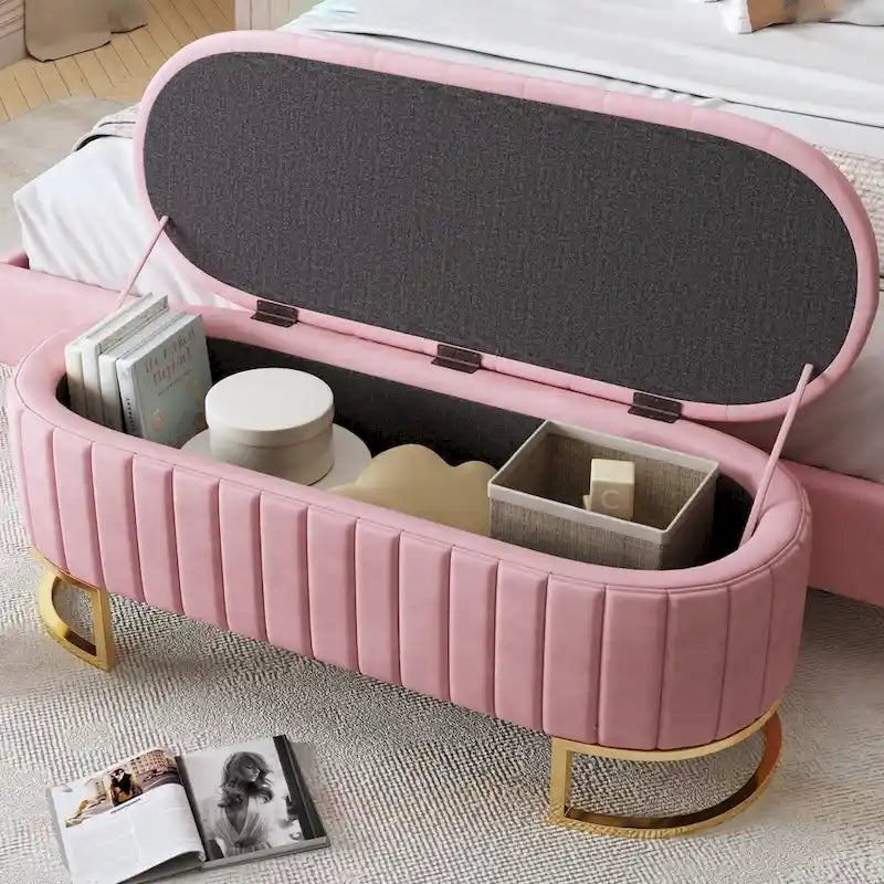 Button-Tufted Upholstered Velvet Storage Ottoman Bench with Metal Legs