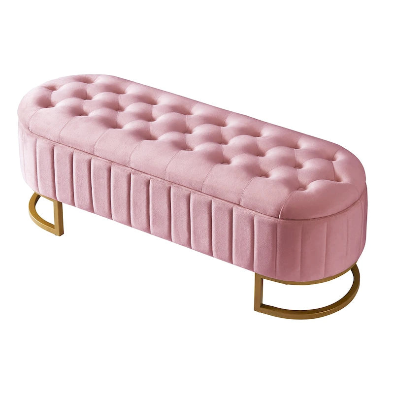 Button-Tufted Upholstered Velvet Storage Ottoman Bench with Metal Legs