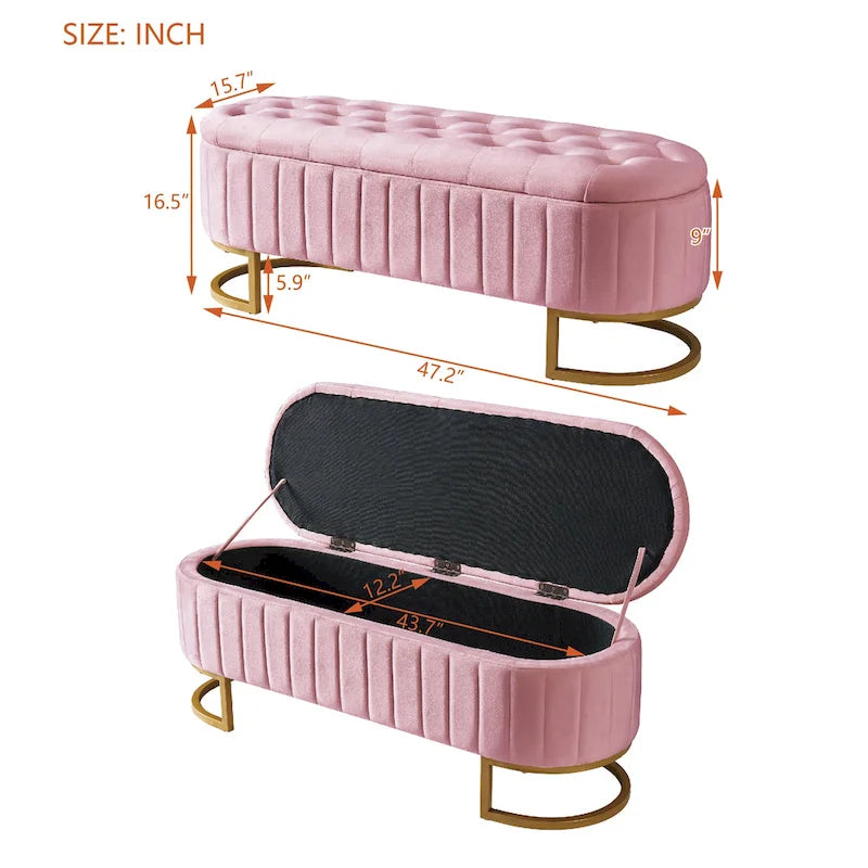 Button-Tufted Upholstered Velvet Storage Ottoman Bench with Metal Legs