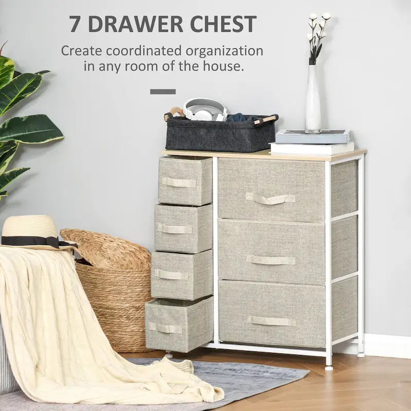 7-Drawer Dresser Storage Tower Cabinet Organizer Unit, Easy Pull Fabric Bins with Metal Frame for Bedroom, Closets