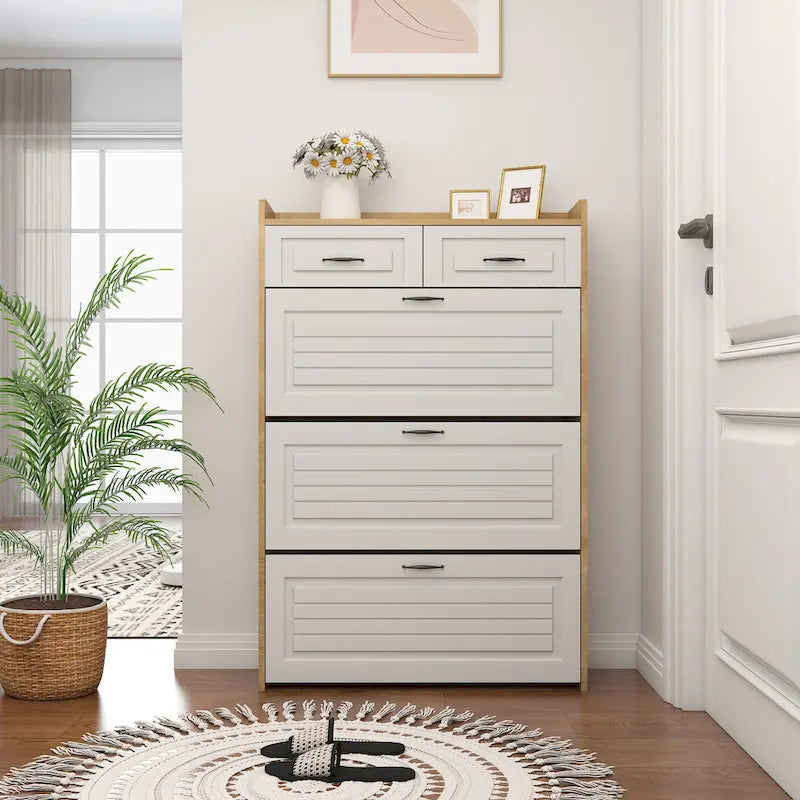 Shoe Cabinet for Entryway, Narrow Shoe Rack Storage Organizer with 2 Flip Drawers and Adjustable Shelves for 10 Pairs of Shoes