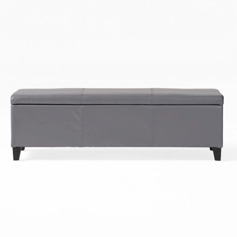Storage Ottoman Bench, Gray Faux Leather, Stitch Detail, 51 Inch