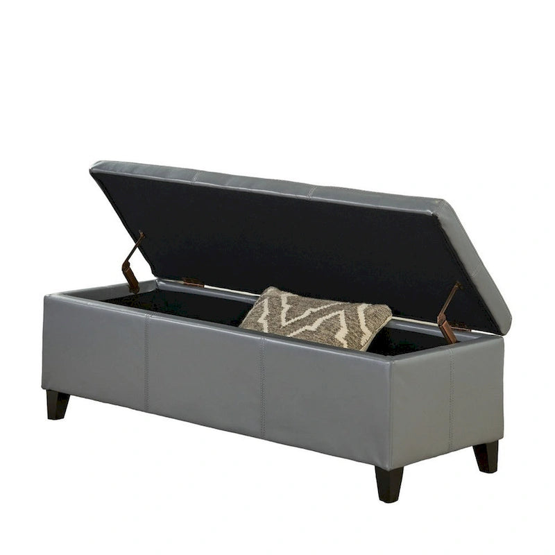 Storage Ottoman Bench, Gray Faux Leather, Stitch Detail, 51 Inch