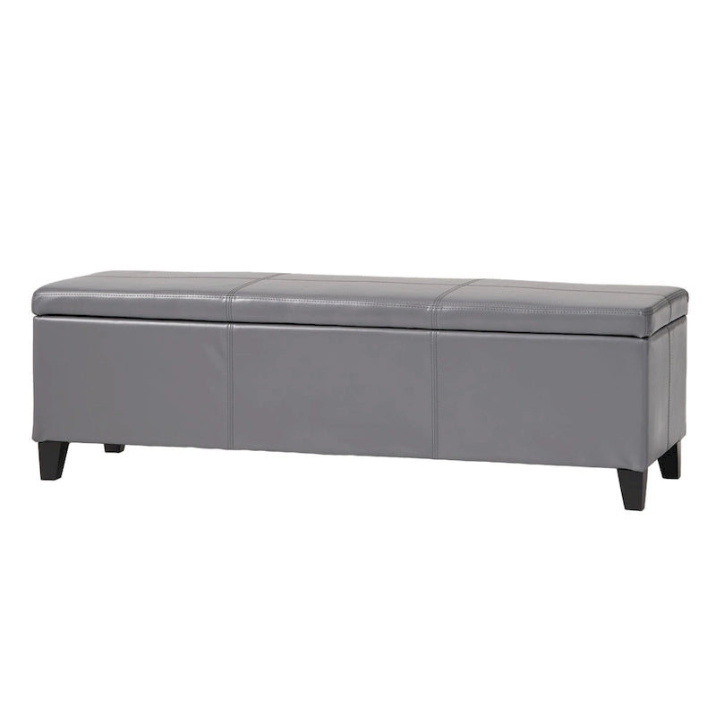 Storage Ottoman Bench, Gray Faux Leather, Stitch Detail, 51 Inch