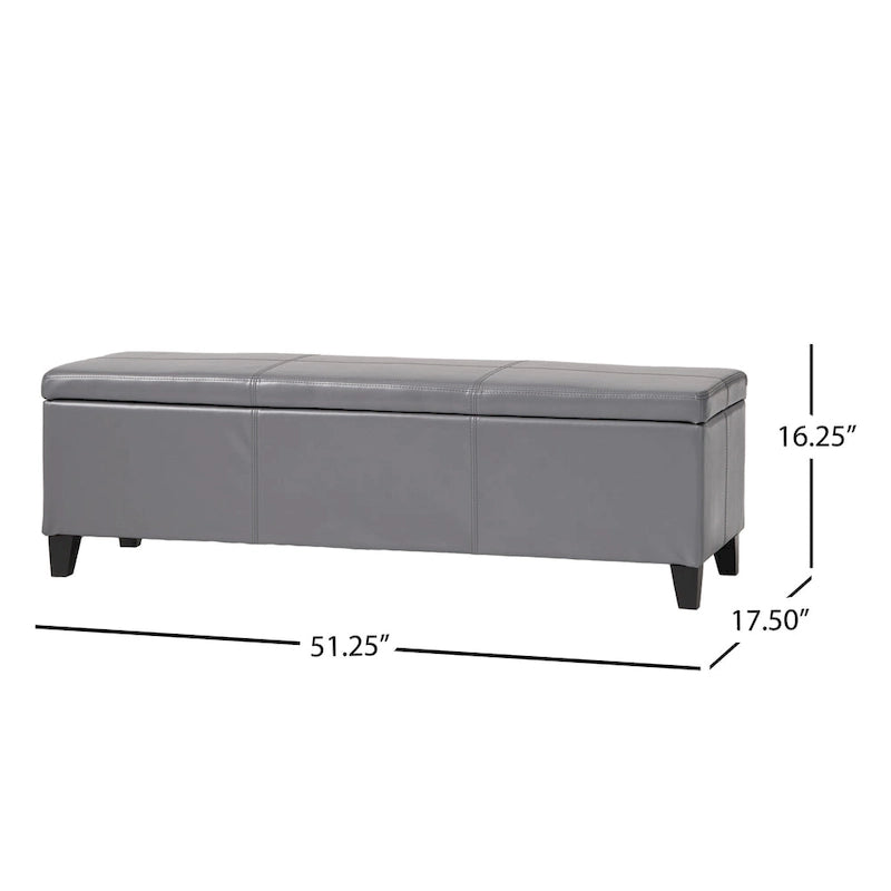 Storage Ottoman Bench, Gray Faux Leather, Stitch Detail, 51 Inch