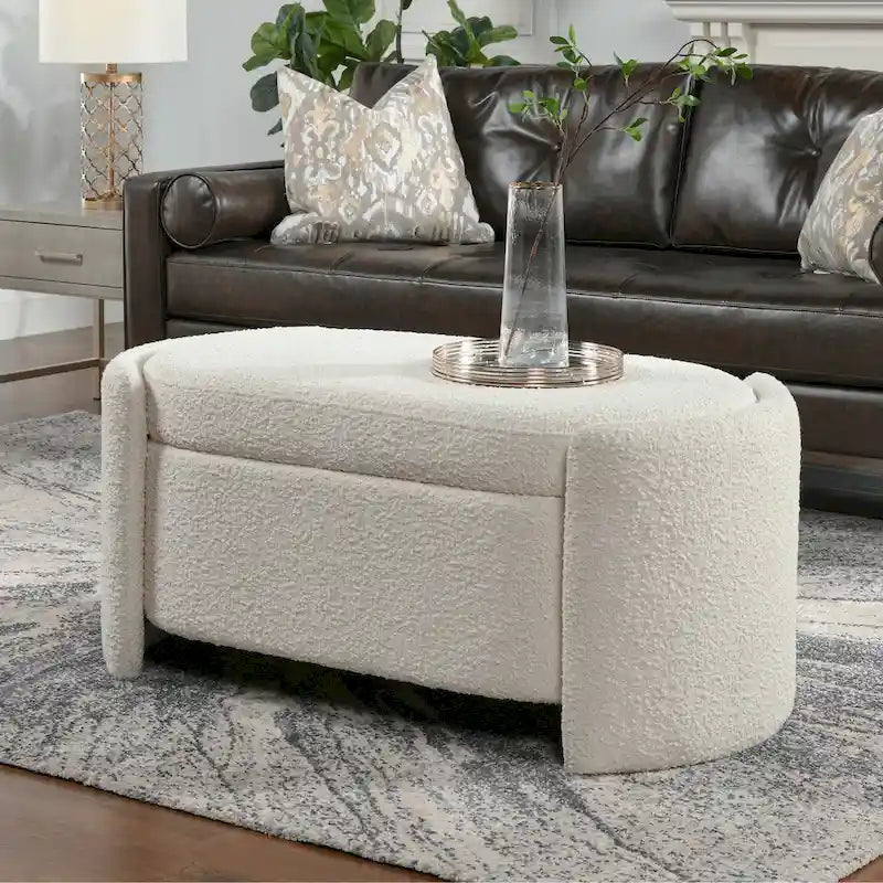 Fuji 43 Ivory White Boucle Sherpa Upholstered Oval Storage Bench - 43W X 21D X 18.5H