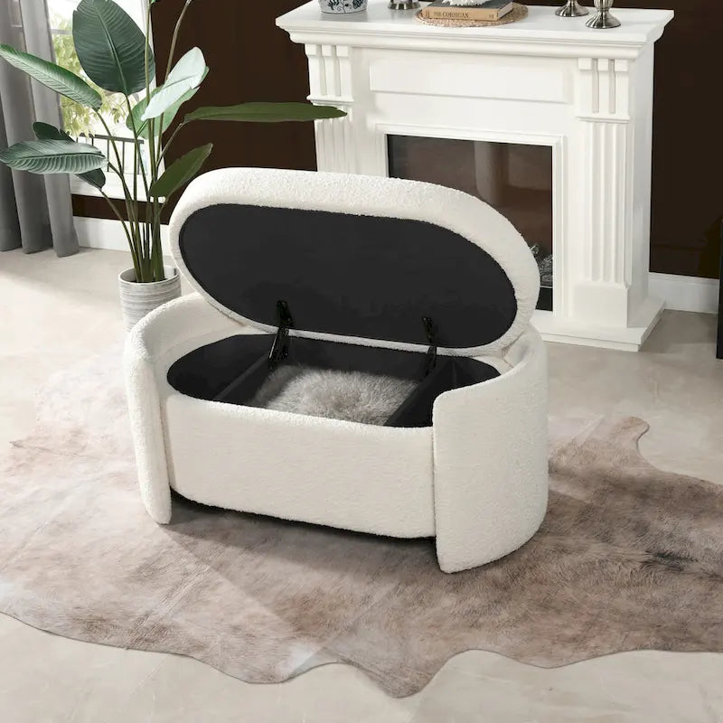 43 Ivory White Boucle Sherpa Upholstered Oval Storage Bench - 43W X 21D X 18.5H
