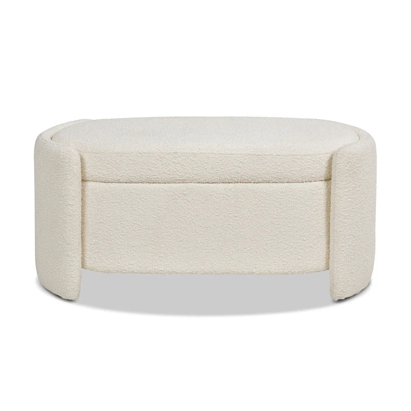 43 Ivory White Boucle Sherpa Upholstered Oval Storage Bench - 43W X 21D X 18.5H
