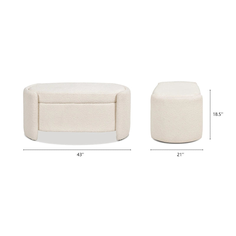 43 Ivory White Boucle Sherpa Upholstered Oval Storage Bench - 43W X 21D X 18.5H
