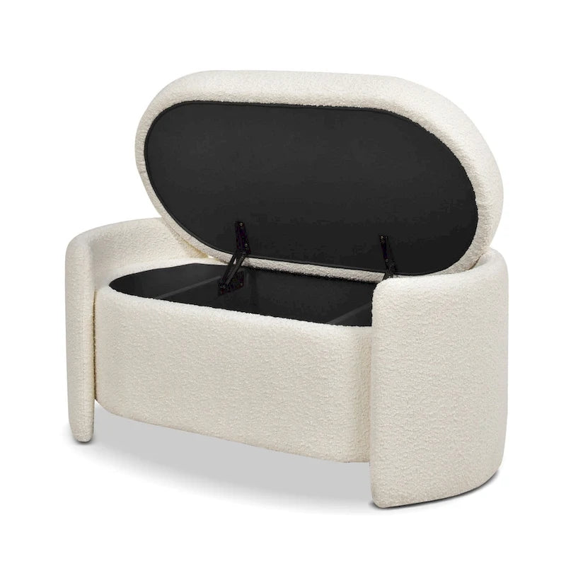 43 Ivory White Boucle Sherpa Upholstered Oval Storage Bench - 43W X 21D X 18.5H