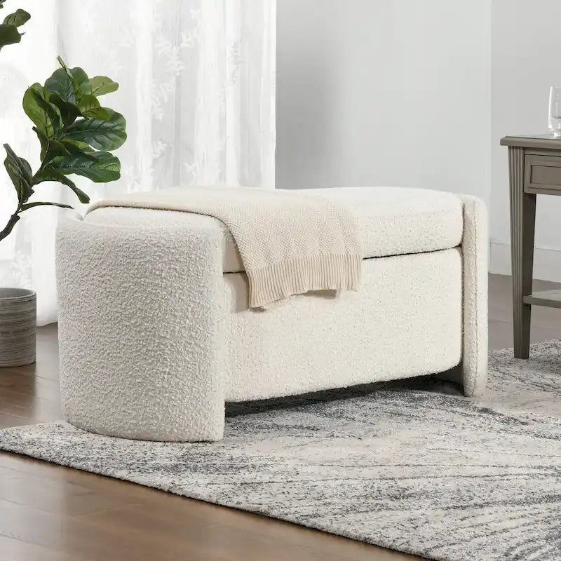 43 Ivory White Boucle Sherpa Upholstered Oval Storage Bench - 43W X 21D X 18.5H