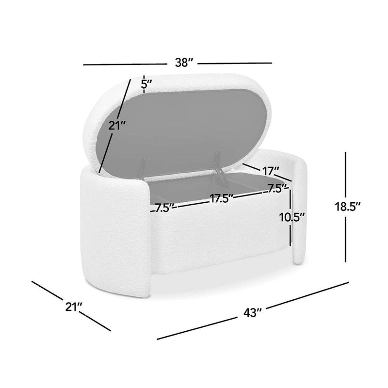 43 Ivory White Boucle Sherpa Upholstered Oval Storage Bench - 43W X 21D X 18.5H