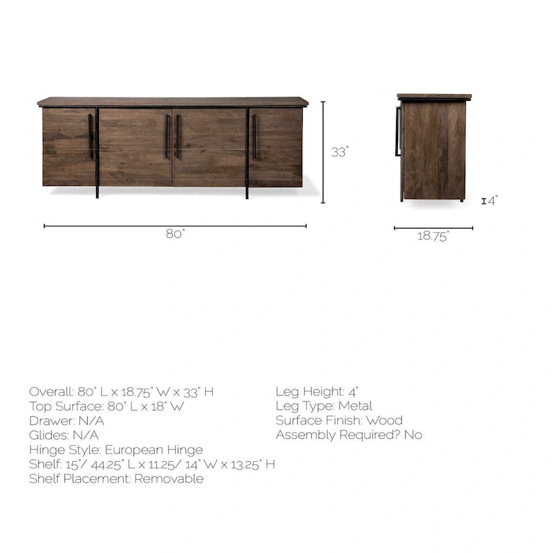 IV Brown Solid Wood w/ Black Metal Accent 4 Door Cabinet Sideboard - 80.0L x 19.0W x 33.0H