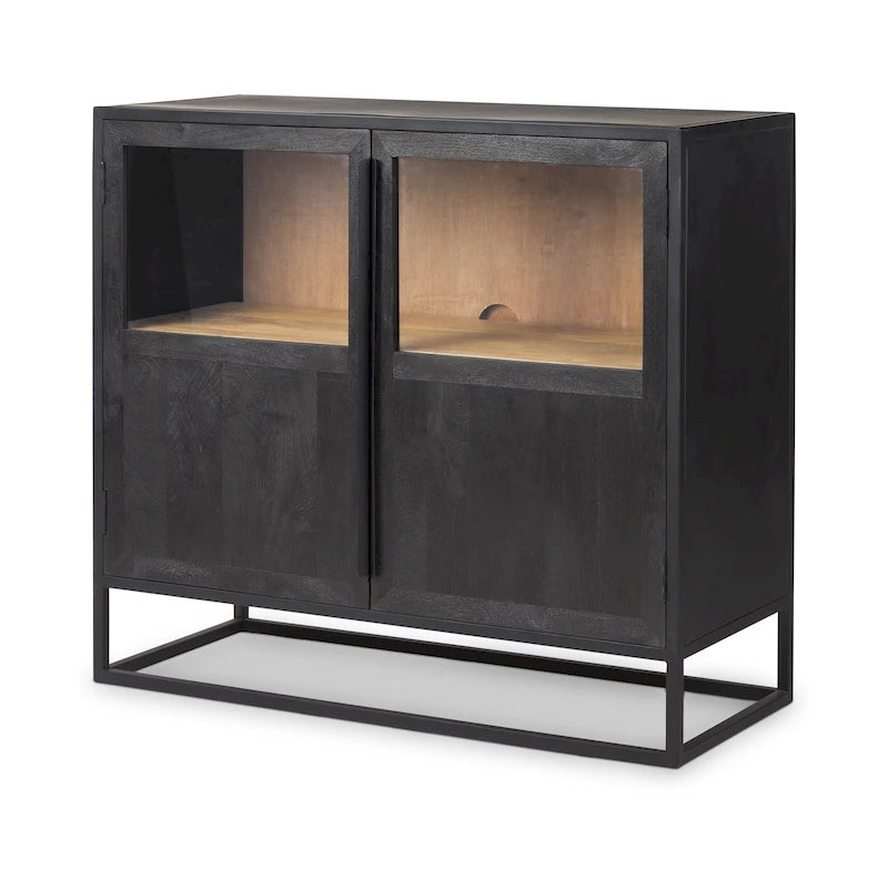 Dark Brown Solid Wood w/ Black Metal Frame Accent Cabinet