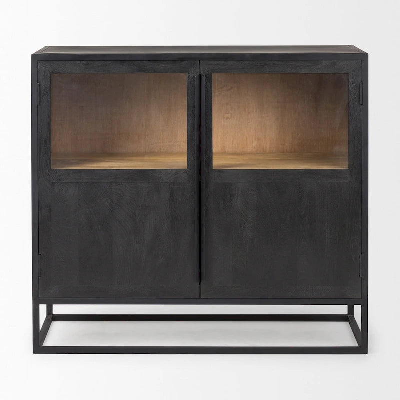 Dark Brown Solid Wood w/ Black Metal Frame Accent Cabinet