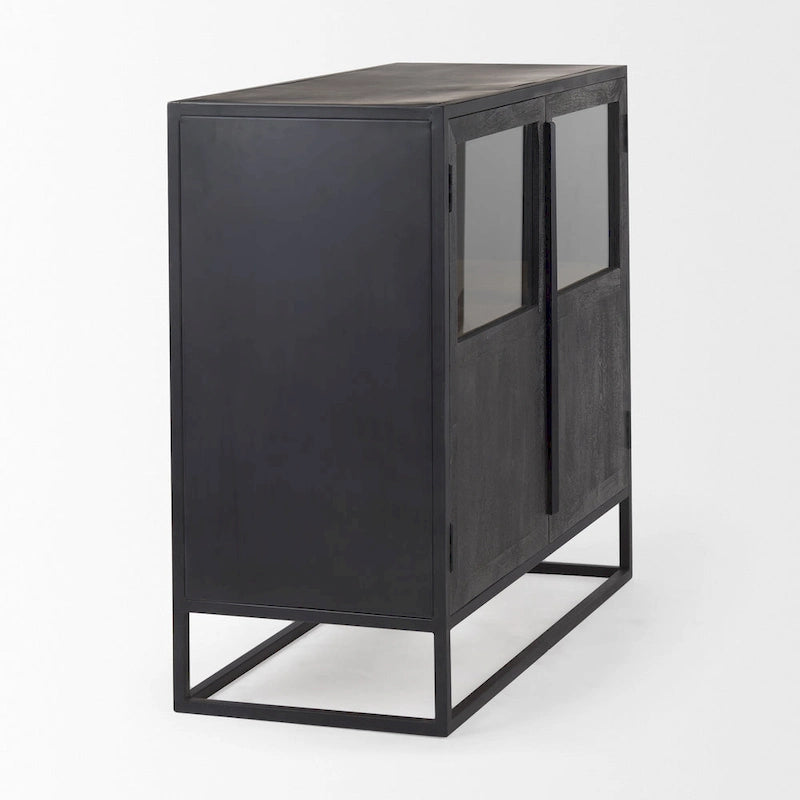 Dark Brown Solid Wood w/ Black Metal Frame Accent Cabinet