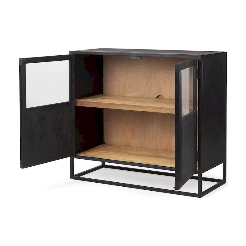 Dark Brown Solid Wood w/ Black Metal Frame Accent Cabinet