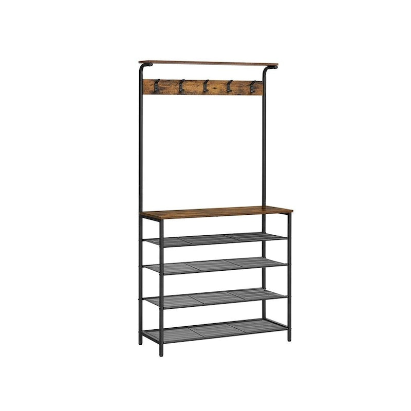 Rustic Brown Black Industrial Hall Tree with Coat Hooks 5-Tier Shoe Rack and Storage Shelves 31.5 Inch