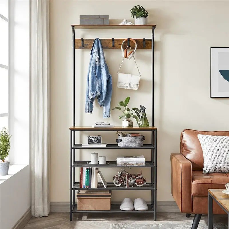 Rustic Brown Black Industrial Hall Tree with Coat Hooks 5-Tier Shoe Rack and Storage Shelves 31.5 Inch