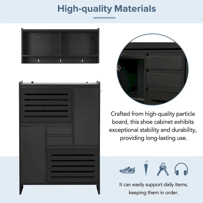 Multi-Functional Shoe Cabinet with Wall Cabinet, Space-saving Design Side Cabinet with 2 Flip Drawers and Hanging Hooks