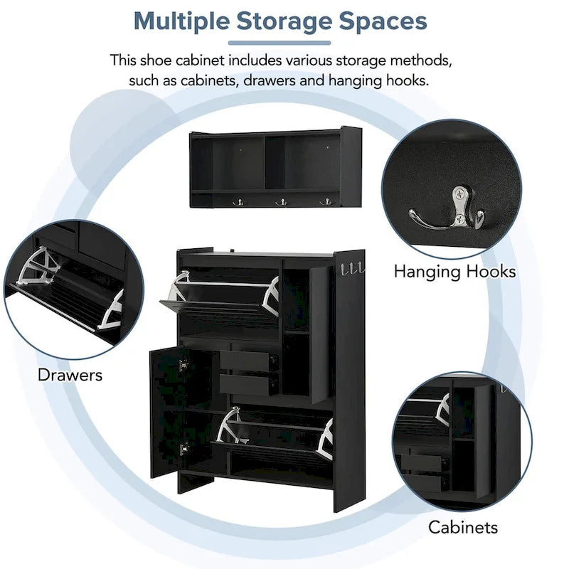 Multi-Functional Shoe Cabinet with Wall Cabinet, Space-saving Design Side Cabinet with 2 Flip Drawers and Hanging Hooks