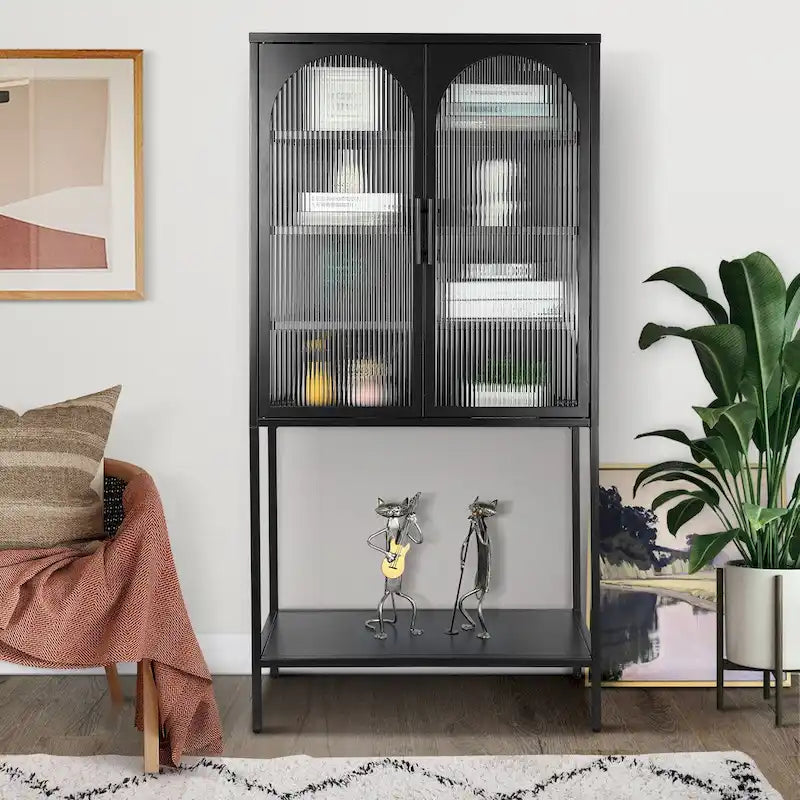 Elegant Floor Cabinet with 2 Glass Arched Doors Living Room Display Cabinet with Adjustable Shelves Anti-Tip Dust-free