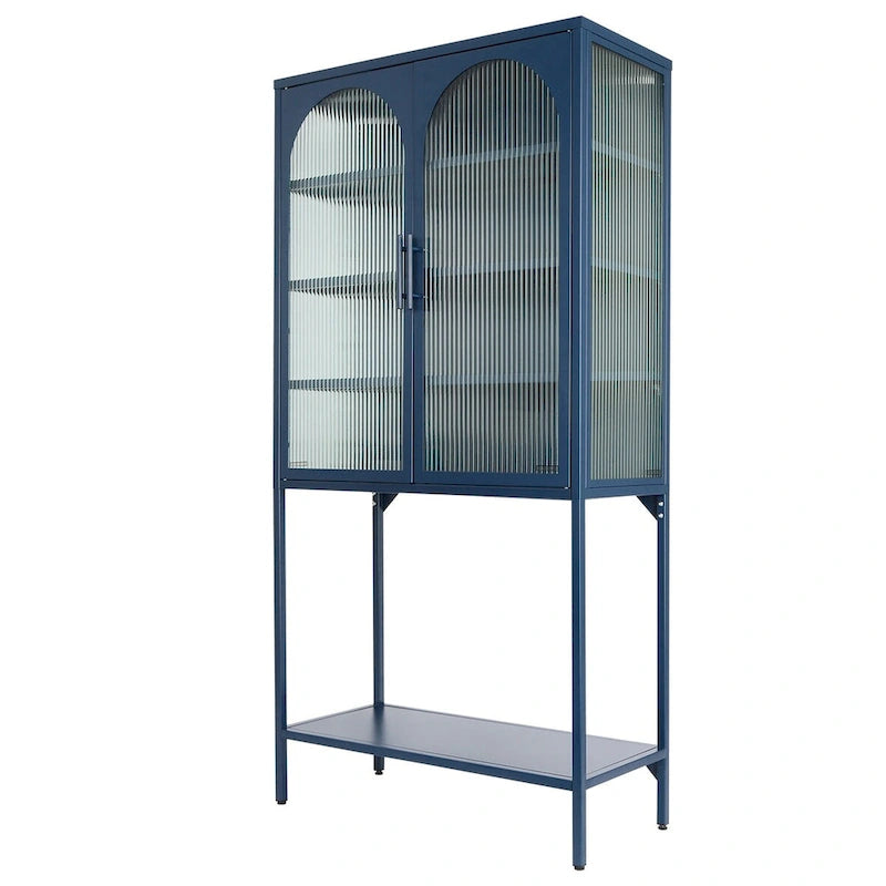 Elegant Floor Cabinet with 2 Glass Arched Doors Living Room Display Cabinet with Adjustable Shelves Anti-Tip Dust-free