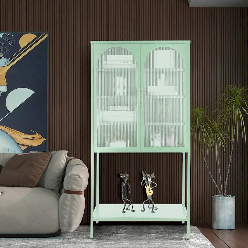 Elegant Floor Cabinet with 2 Glass Arched Doors Living Room Display Cabinet with Adjustable Shelves Anti-Tip Dust-free