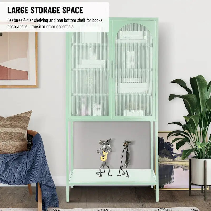 Elegant Floor Cabinet with 2 Glass Arched Doors Living Room Display Cabinet with Adjustable Shelves Anti-Tip Dust-free