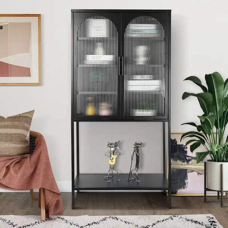 Elegant Floor Cabinet with 2 Glass Arched Doors Living Room Display Cabinet with Adjustable Shelves Anti-Tip Dust-free
