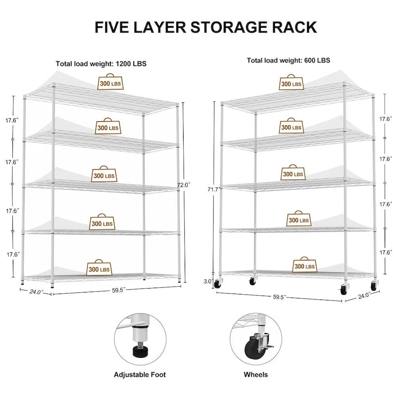 5 Tier Steel Heavy Duty Adjustable Shelves with Wheels and Feet