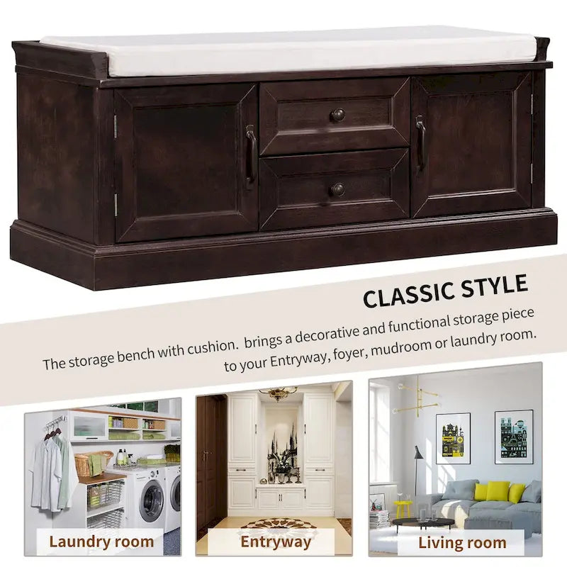 Storage Bench with 2 Drawers and 2 Cabinets, Shoe Bench with Removable Cushion for Living Room, Entryway
