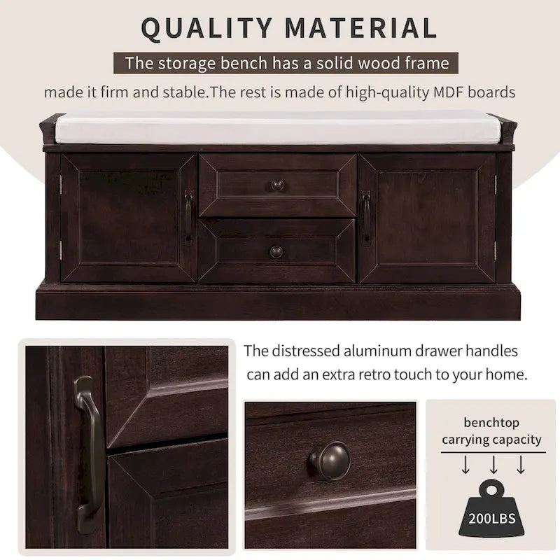 Storage Bench with 2 Drawers and 2 Cabinets, Shoe Bench with Removable Cushion for Living Room, Entryway
