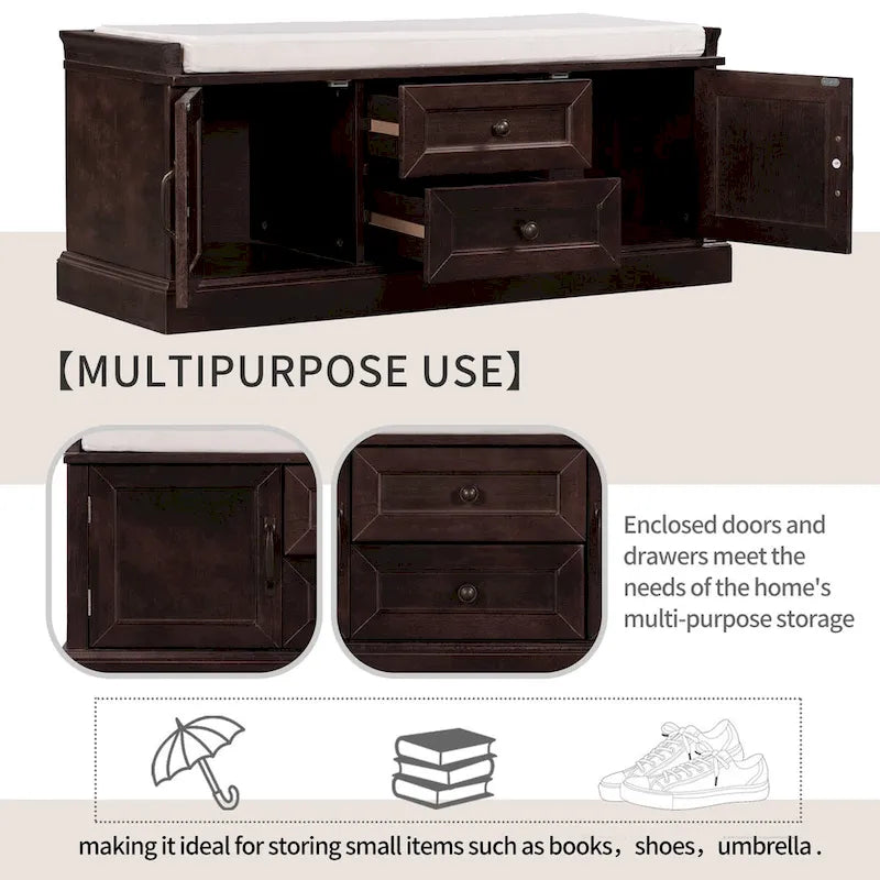 Storage Bench with 2 Drawers and 2 Cabinets, Shoe Bench with Removable Cushion for Living Room, Entryway