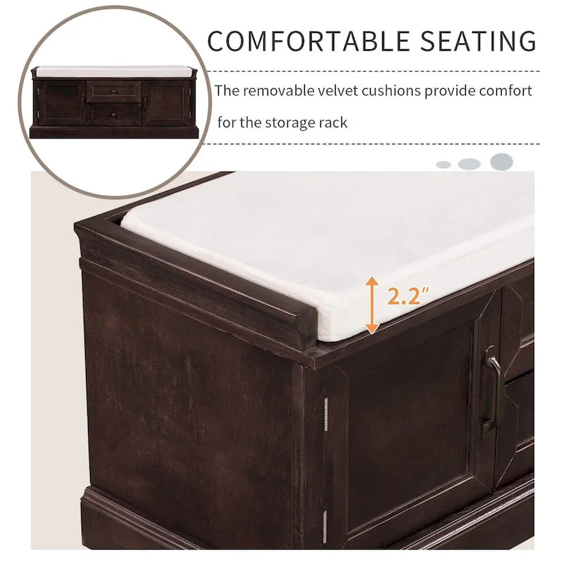 Storage Bench with 2 Drawers and 2 Cabinets, Shoe Bench with Removable Cushion for Living Room, Entryway