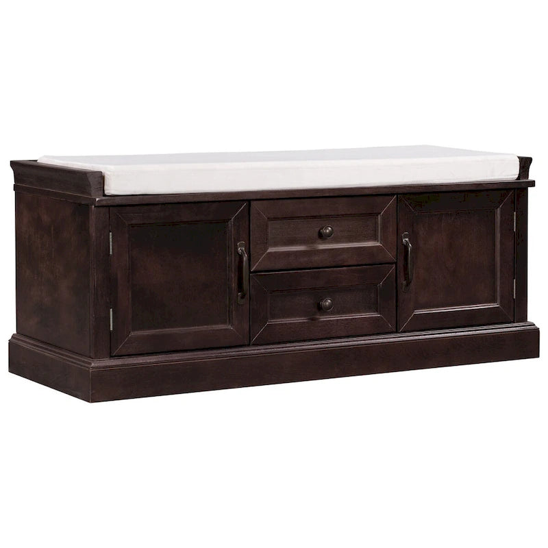Storage Bench with 2 Drawers and 2 Cabinets, Shoe Bench with Removable Cushion for Living Room, Entryway