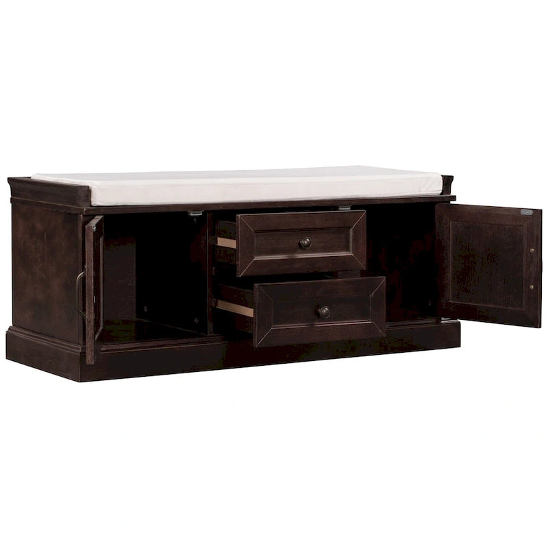 Storage Bench with 2 Drawers and 2 Cabinets, Shoe Bench with Removable Cushion for Living Room, Entryway