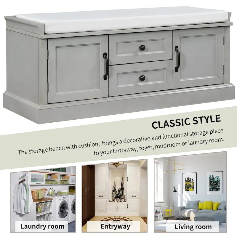 Storage Bench with 2 Drawers and 2 Cabinets, Shoe Bench with Removable Cushion for Living Room, Entryway