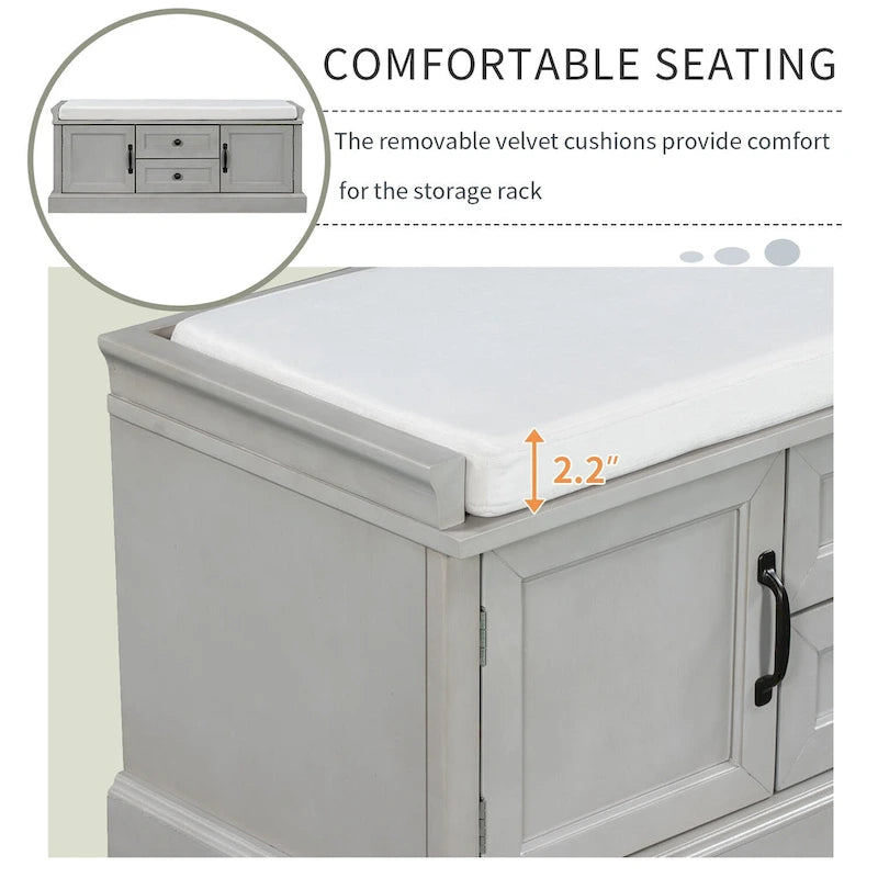 Storage Bench with 2 Drawers and 2 Cabinets, Shoe Bench with Removable Cushion for Living Room, Entryway