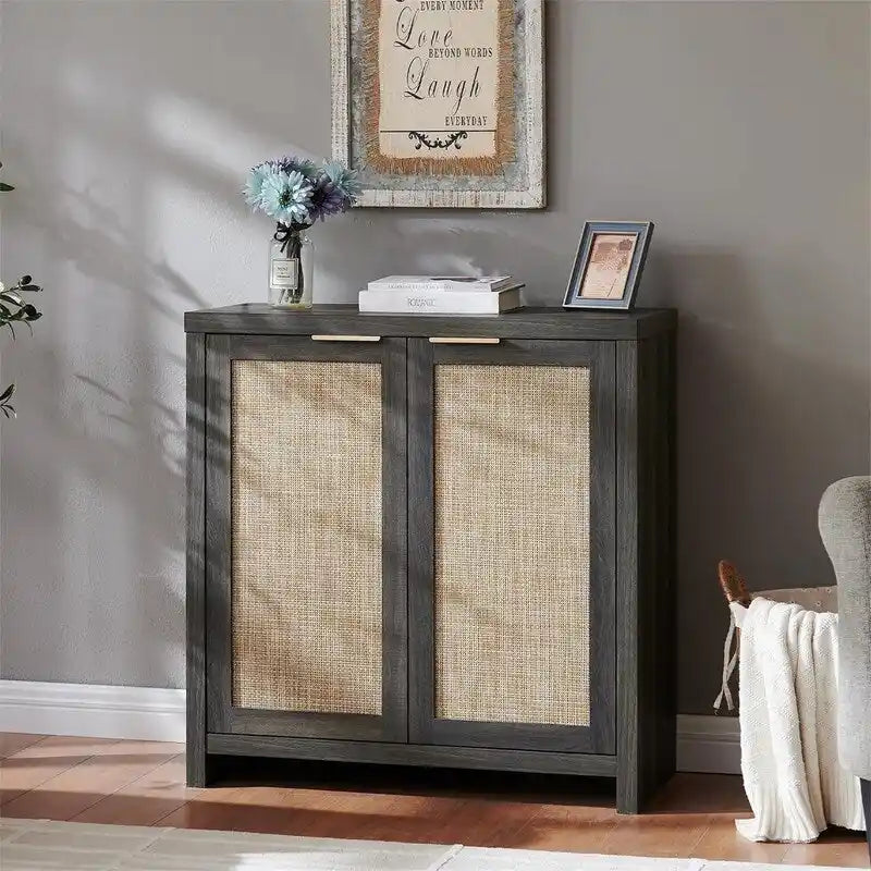 Storage Cabinet Sideboard Cabinet with Rattan Doors - 13.7D x 314W x 32.7H