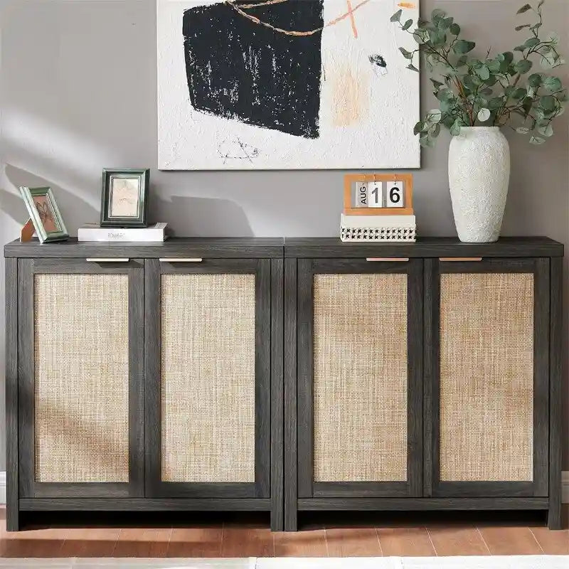 Storage Cabinet Sideboard Cabinet with Rattan Doors - 13.7D x 314W x 32.7H