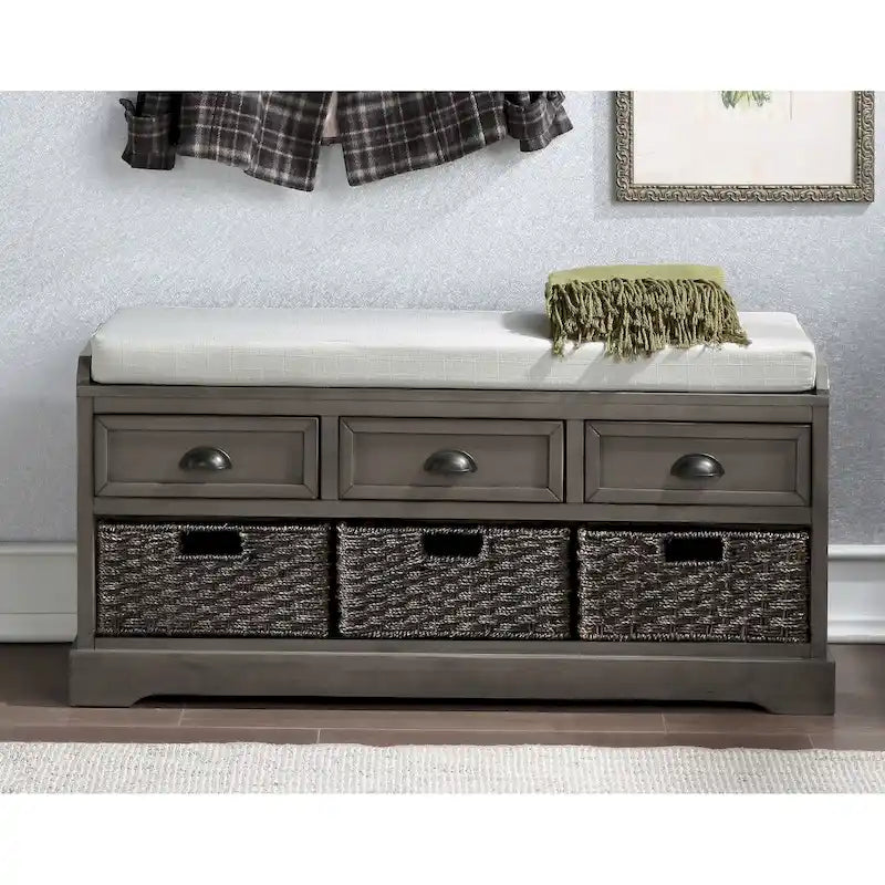 Wood Storage Bench with 3 Drawers and 3 Baskets
