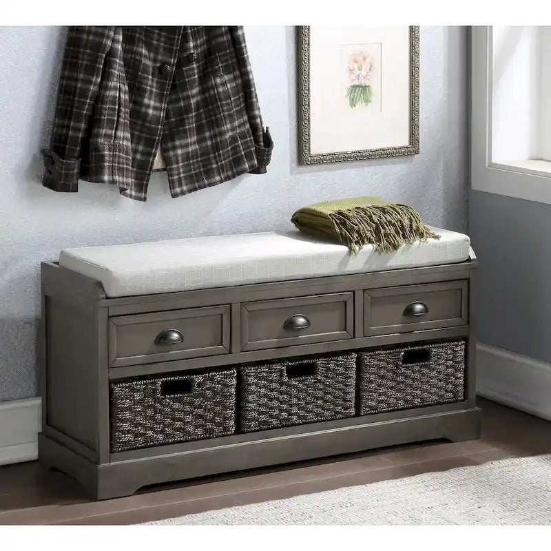 Wood Storage Bench with 3 Drawers and 3 Baskets