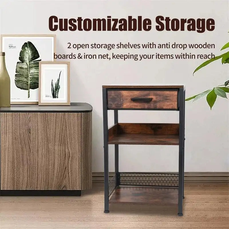 Brown Nightstand Printer Table with Drawers - 11.81D x 15.75W x 25.79H
