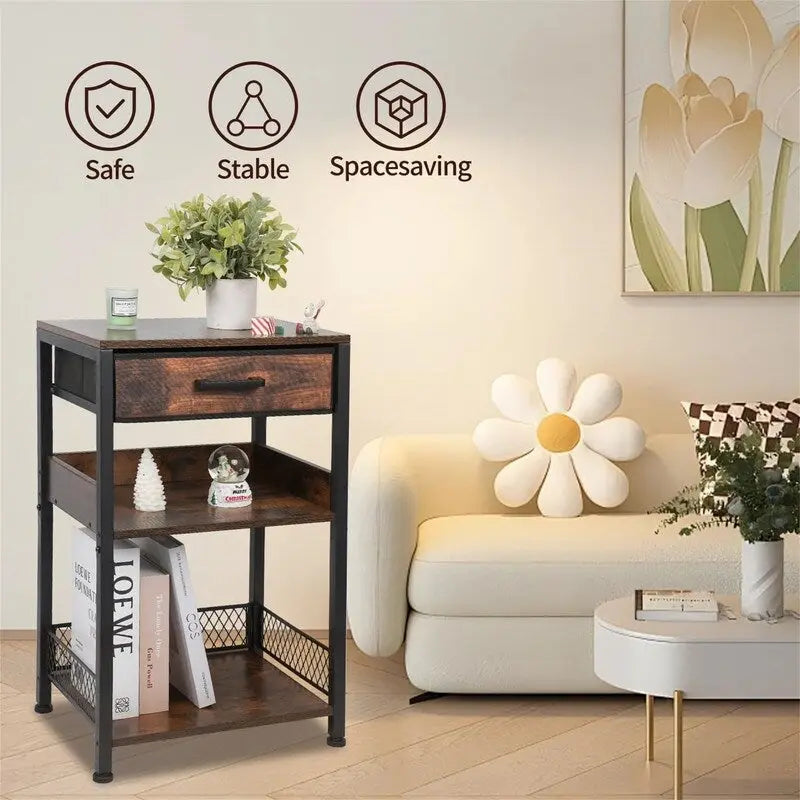 Brown Nightstand Printer Table with Drawers - 11.81D x 15.75W x 25.79H