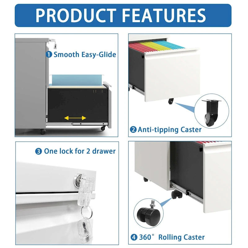 2-Drawer Metal Mobile File Cabinet with Lock