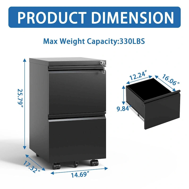 2-Drawer Metal Mobile File Cabinet with Lock
