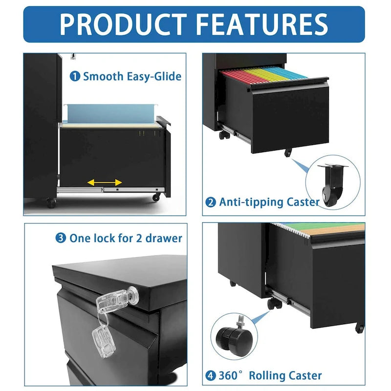 2-Drawer Metal Mobile File Cabinet with Lock