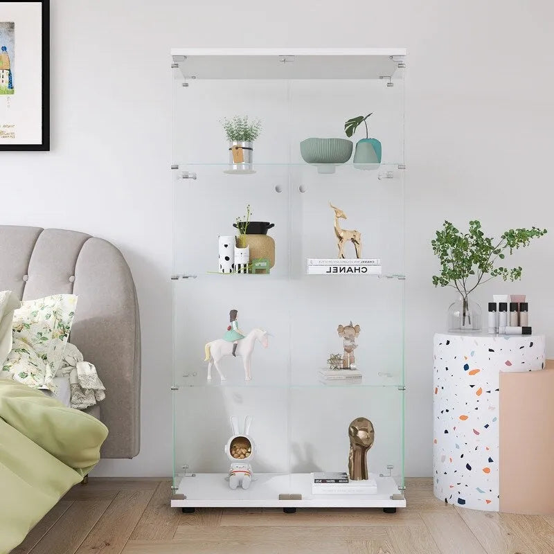Floor Standing Two-door Glass Display Cabinet 4 Shelves with Door
