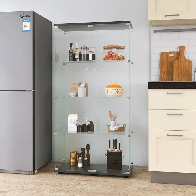 Floor Standing Two-door Glass Display Cabinet 4 Shelves with Door